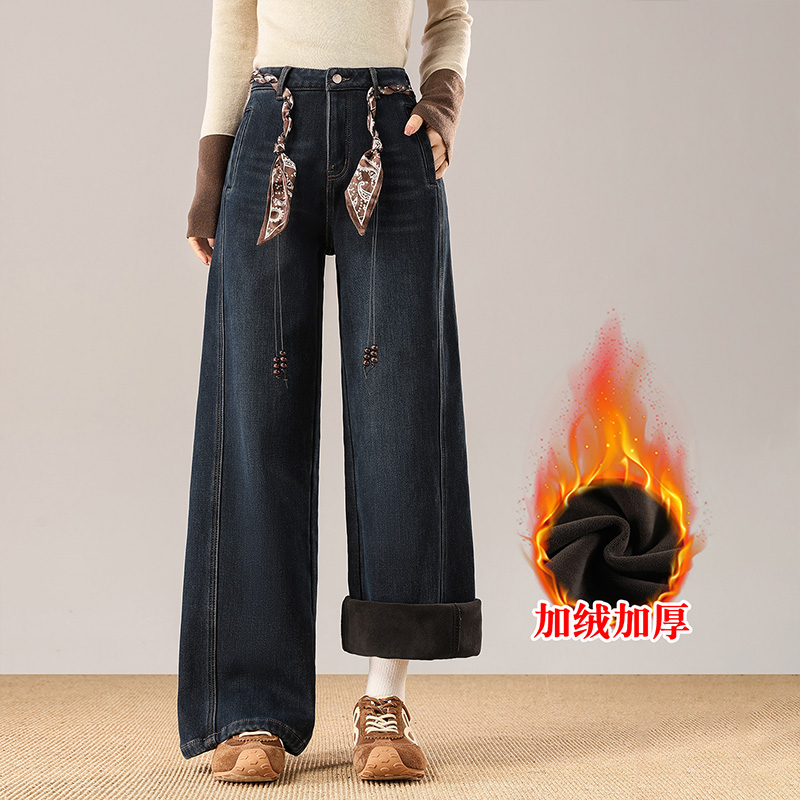 冬季新款加绒保暖牛仔裤女百搭时尚高腰显瘦阔腿裤宽松直筒长裤子