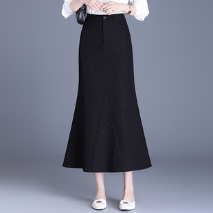 黑色鱼尾半身裙春秋长裙新款亮闪闪亮片高腰垂坠感a字包臀一步裙