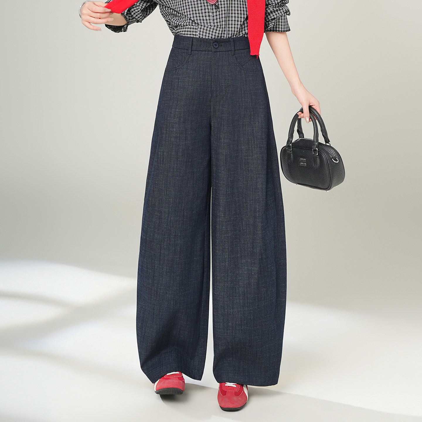 藏青色高腰洋气阔腿裤女2026春季新款百搭休闲显瘦弯刀裤宽松长裤