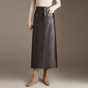 加长复古皮裙2025秋冬季新款加厚高腰显瘦开叉直筒包臀半身裙长款