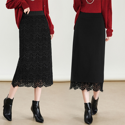 两面穿半身裙女2025秋冬新款加厚蕾丝裙子高腰中长款包臀裙一步裙