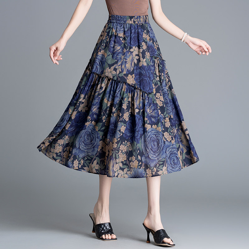 印花蓝色雪纺半身裙女夏季薄款松紧腰大摆遮胯中长款显瘦a字裙子