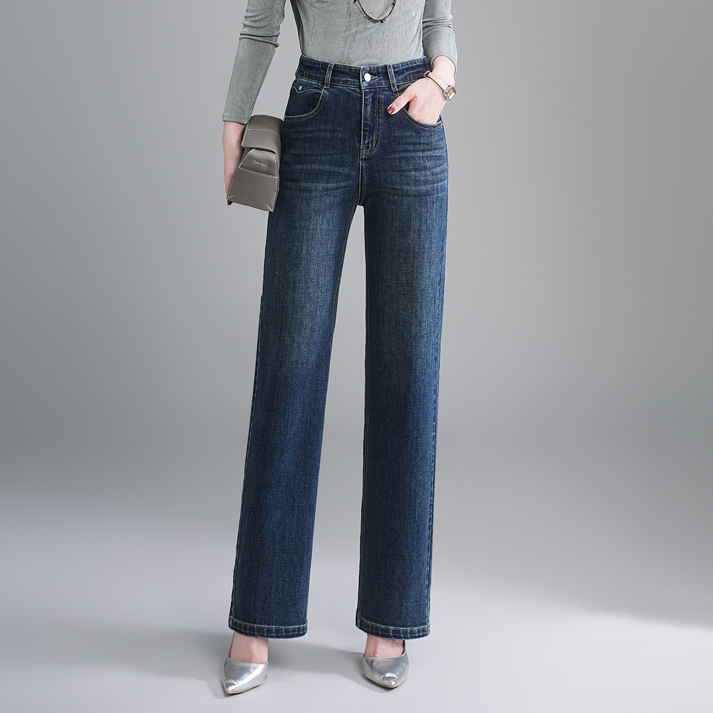 复古牛仔裤女新款春秋季高腰后松紧弹力直筒裤大码宽松窄版阔腿裤