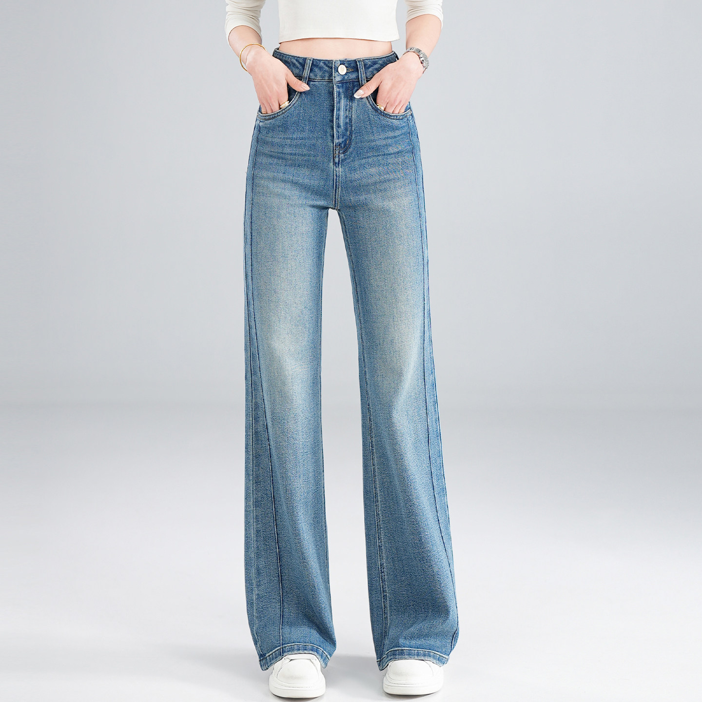 复古蓝微喇牛仔裤女2026年春季新款高腰显瘦百搭窄版直筒阔腿长裤