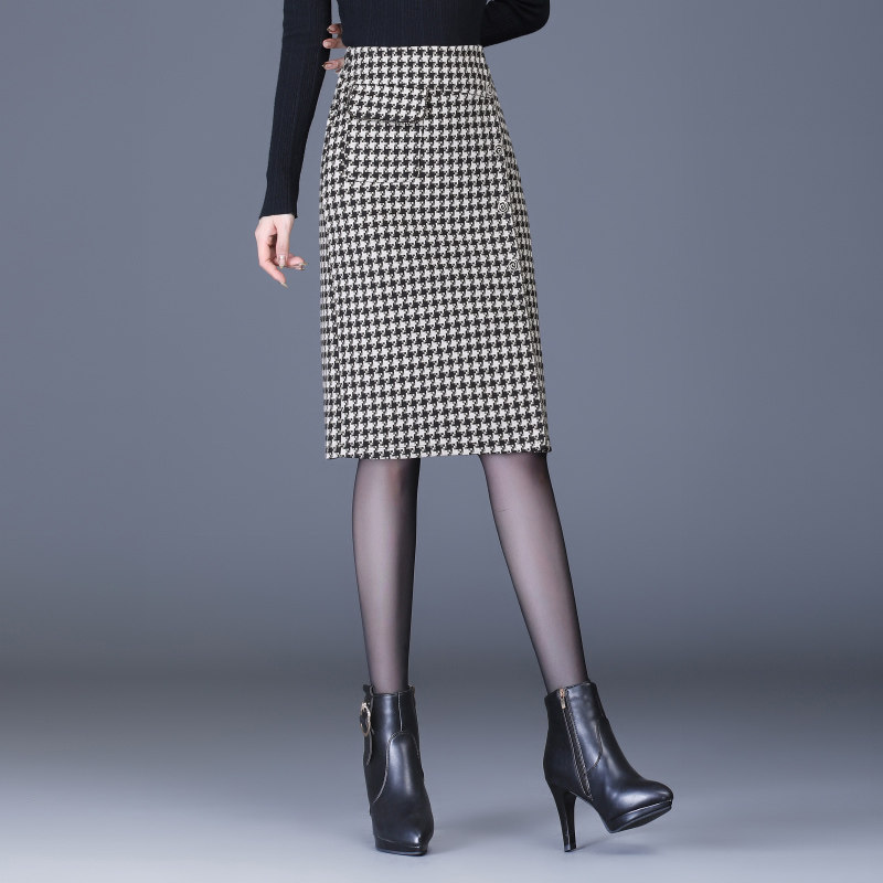 小香风半身裙开叉包臀千鸟格