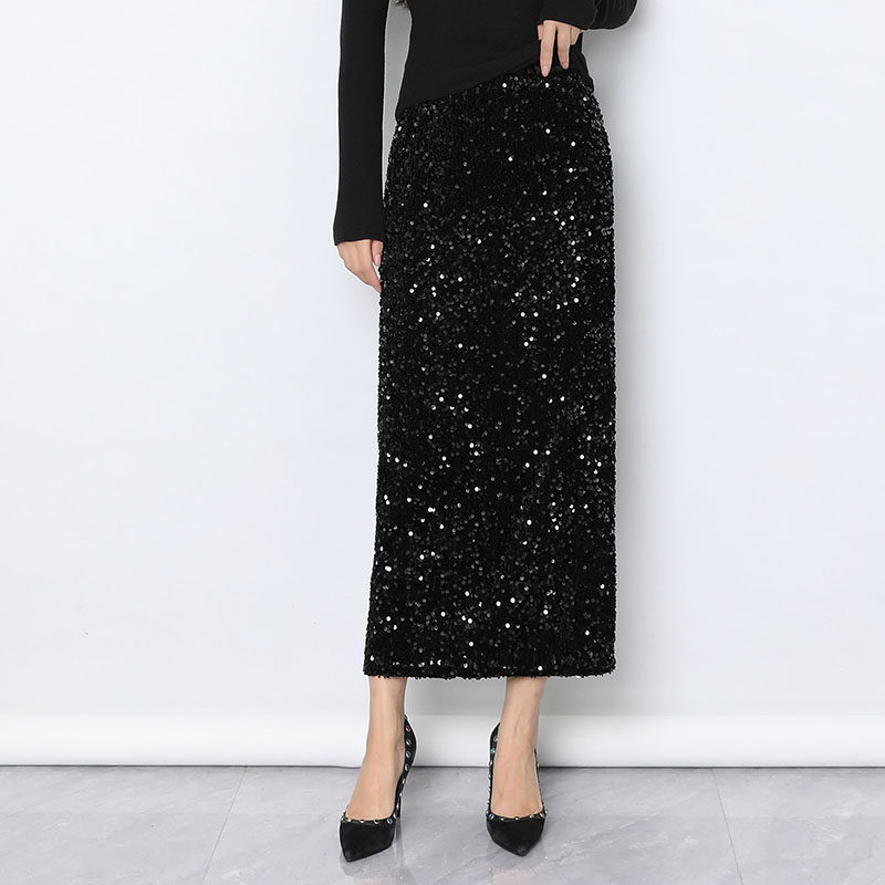 亮片丝绒裙女秋冬2025新款松紧腰高级感黑色侧开叉包臀长裙半身裙