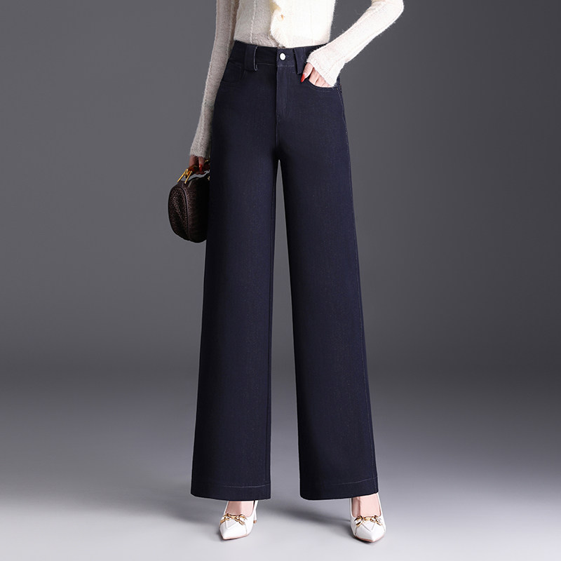 深蓝色裤子女秋新款高腰垂感宽松大码直筒牛仔裤中老年休闲阔腿裤