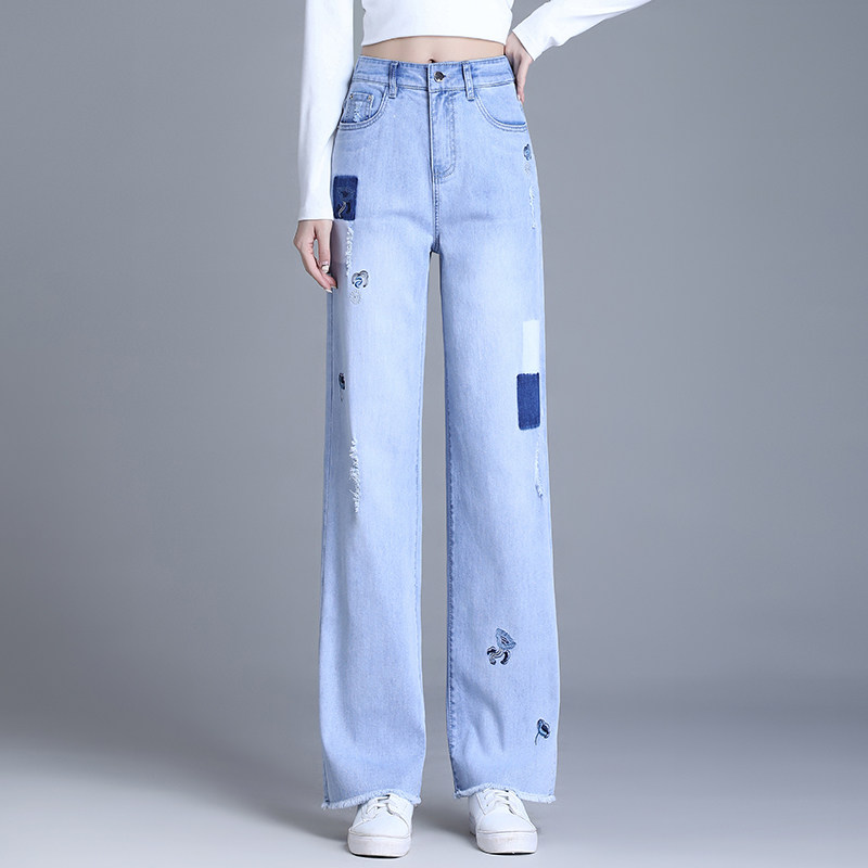 时尚休闲窄版阔腿牛仔裤女刺绣毛边春夏季薄款垂感宽松直筒九分裤