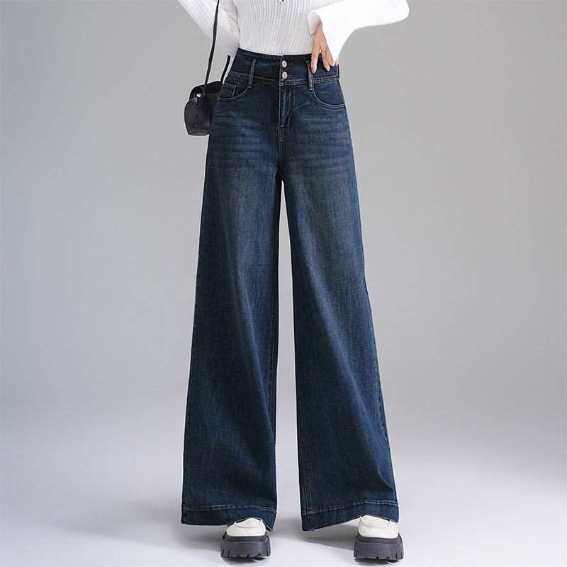 蓝色直筒阔腿牛仔裤女2025秋季新款显瘦高腰a字版垂感宽松拖地裤