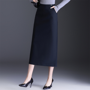 加厚西装面料包臀半身裙女2025秋冬季新款职业裙开叉中长款一步裙