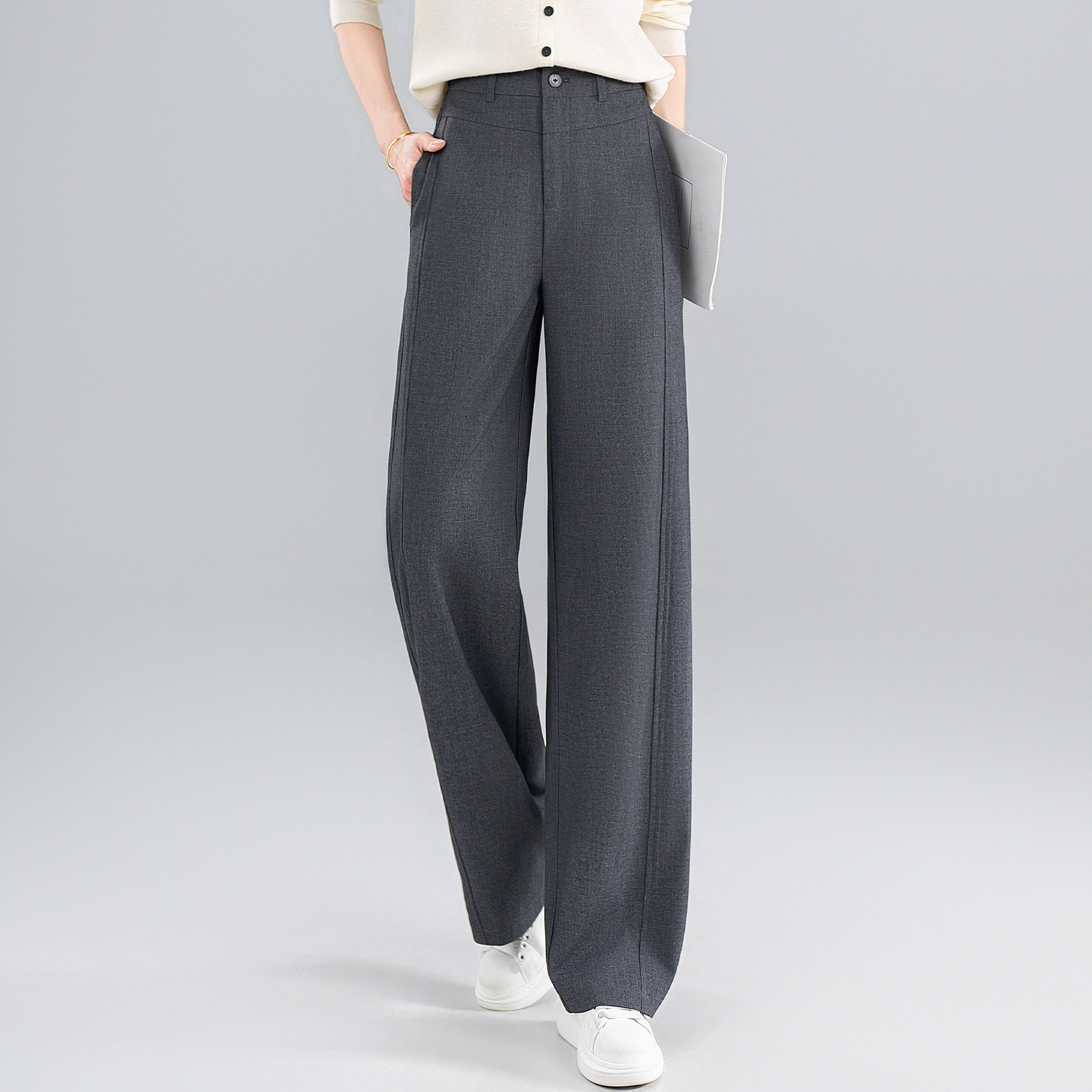 灰色窄版阔腿西装裤女2026春季新款垂感高腰显瘦天丝羊毛直筒裤