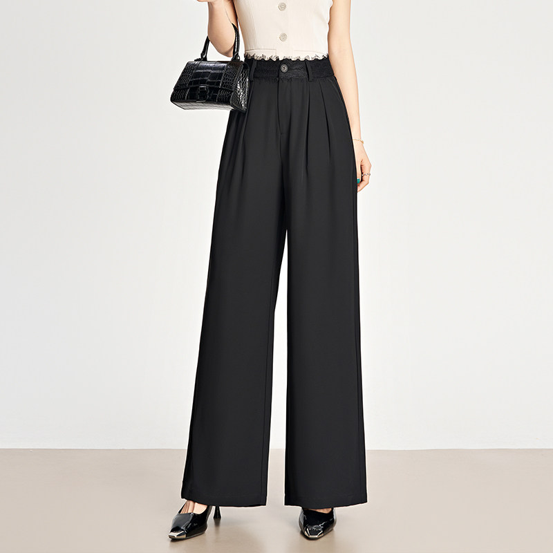 时尚气质阔腿裤女高腰垂感2025春夏季薄款宽松黑色直筒长裤西装裤