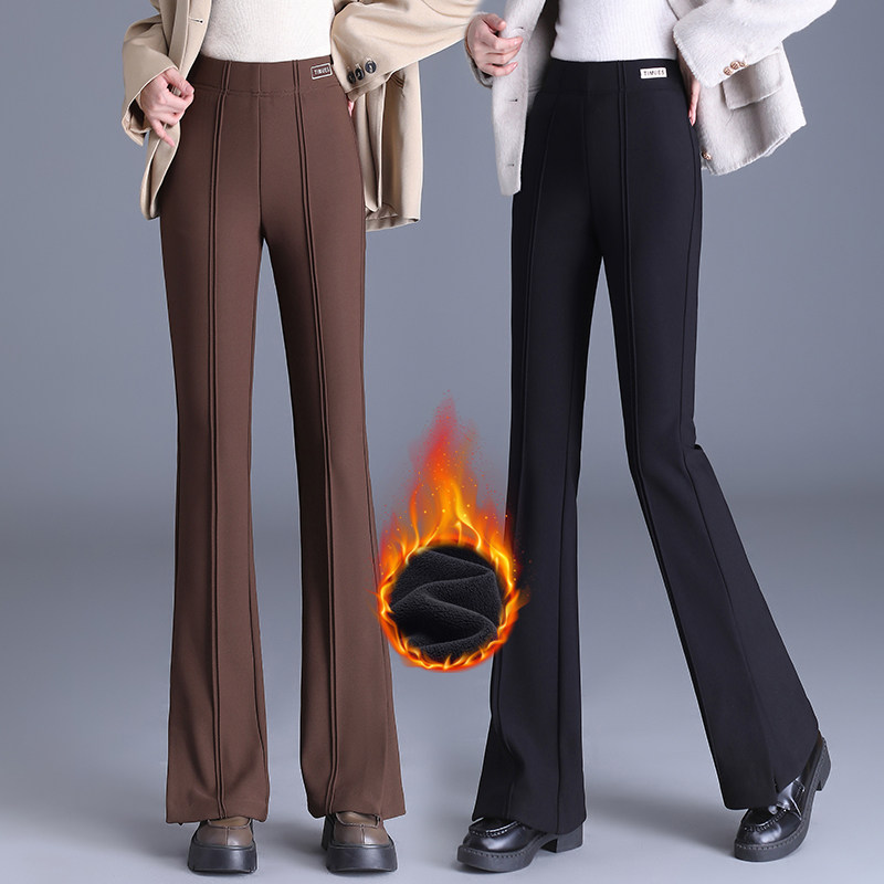 加绒高腰黑色显瘦微喇裤2025秋冬新款马蹄裤开叉小个子西装九分裤