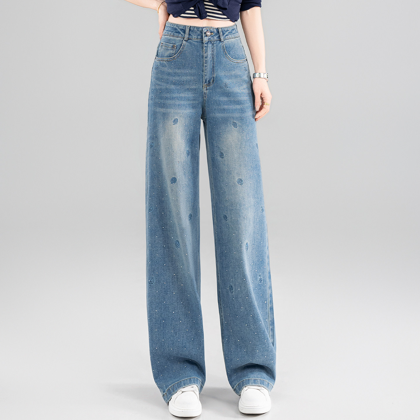 阔腿牛仔裤女高腰宽松2026春季新款烫钻爆闪高级感拖地窄版直筒裤