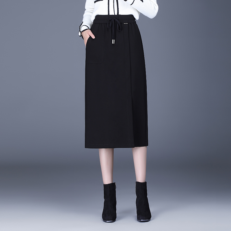 黑色半身裙女秋冬弹力显瘦中长款包臀过膝一步裙宽松直筒休闲裙子