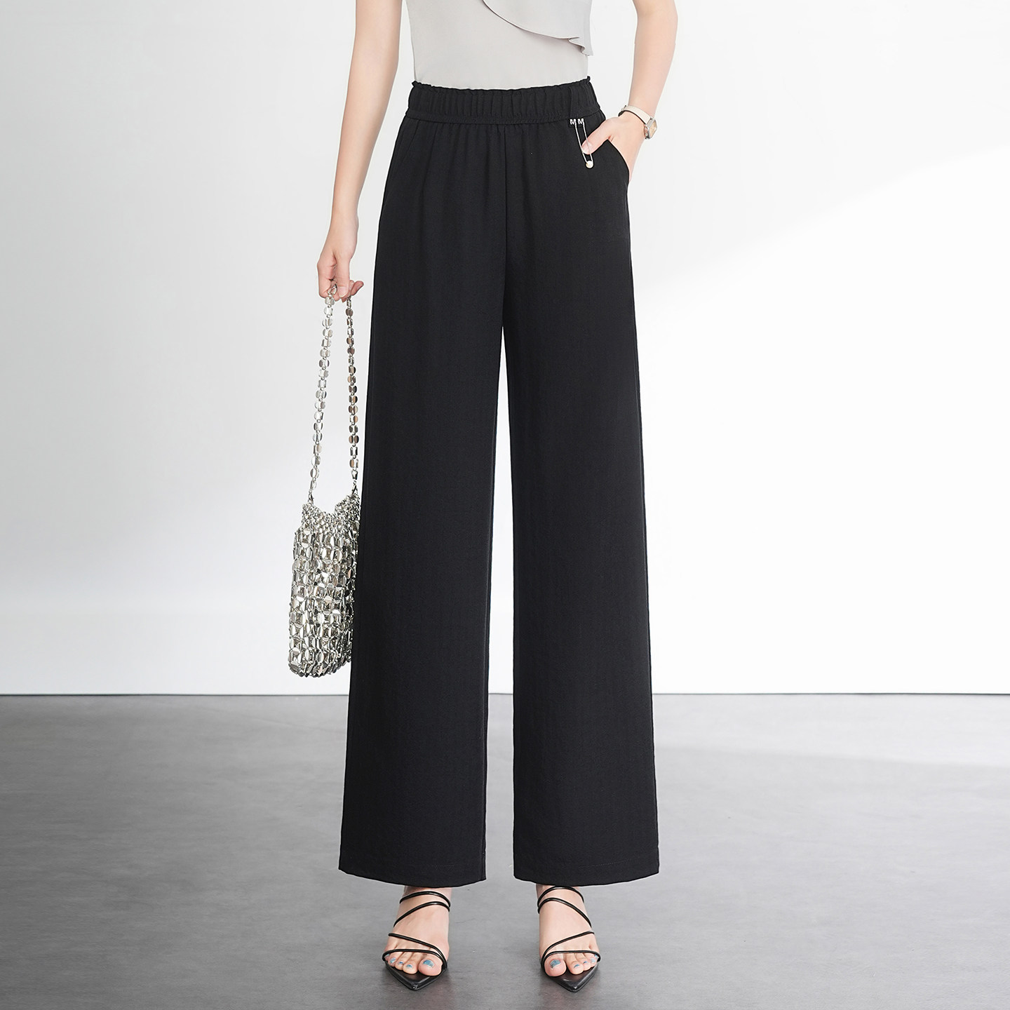 黑色冰丝亚麻阔腿裤女薄款夏季百搭高腰显瘦小个子垂感休闲直筒裤