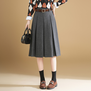灰色毛呢百褶裙女秋冬2025年新款高腰显瘦a字裙中长款压褶半身裙
