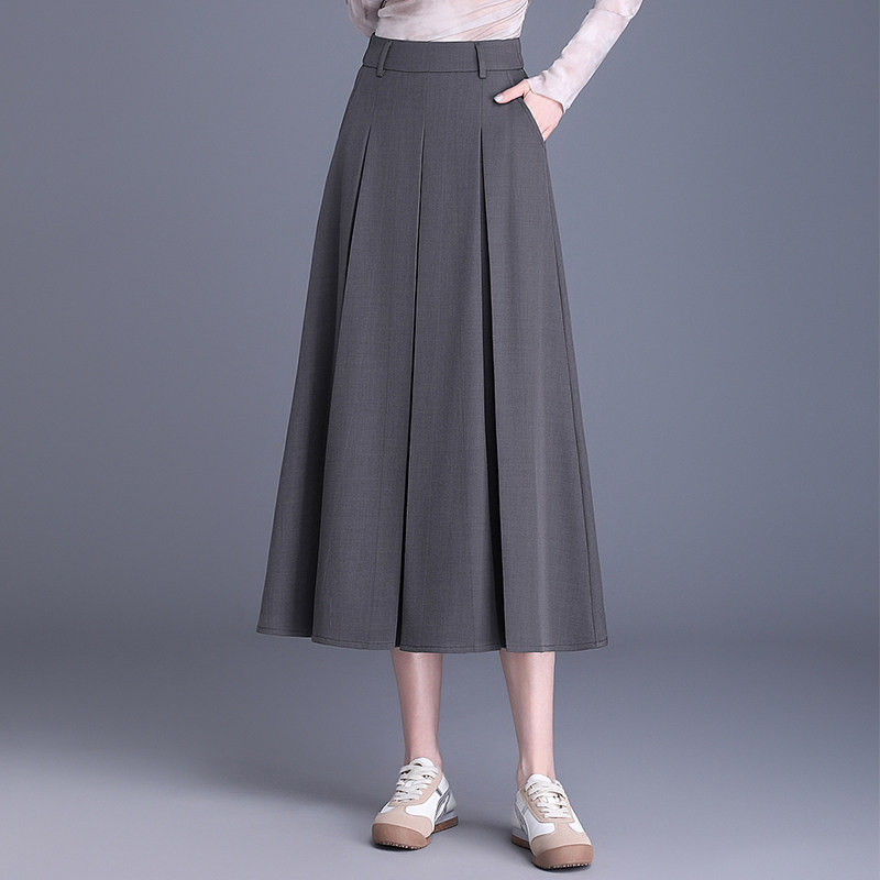 春款灰色半身裙女2025春季新款高腰遮胯a字伞裙中长款西装百褶裙