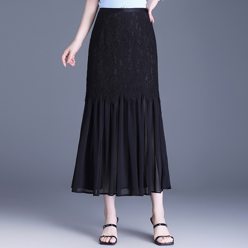 黑色蕾丝拼接半身裙女夏2026新款高腰显瘦包臀垂感a字长裙鱼尾裙