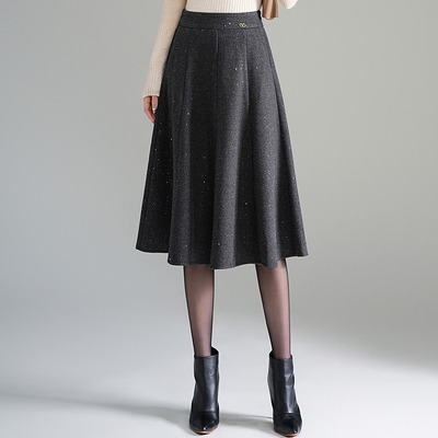 灰色毛呢亮片a字裙女秋冬季中长款小个子伞裙高腰显瘦遮胯半身裙