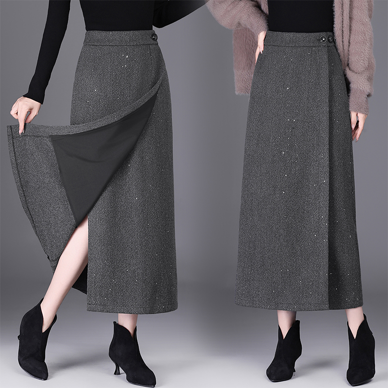一片式毛呢半身裙女秋冬2025年新款开叉长裙围裹式遮胯亮片直筒裙