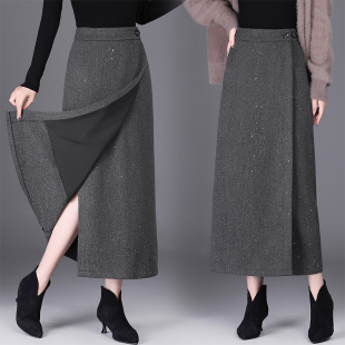 遮胯亮片直筒裙 开叉长裙围裹式 一片式 毛呢半身裙女秋冬2025年新款
