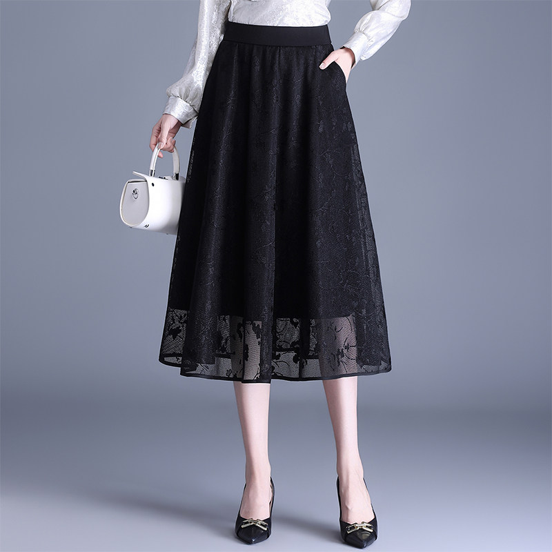 网纱提花蕾丝半身裙女春2026高腰显瘦百搭遮肚子中长款伞裙a字裙