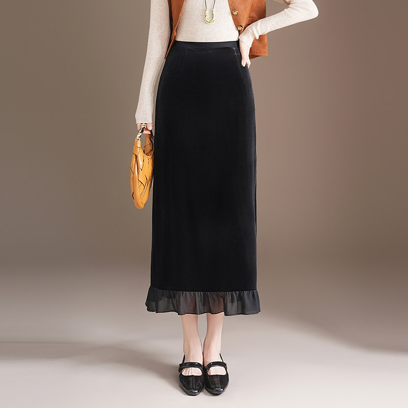 金丝绒半身裙女加厚秋冬季新款小个子高腰开叉花边直筒裙气质长裙