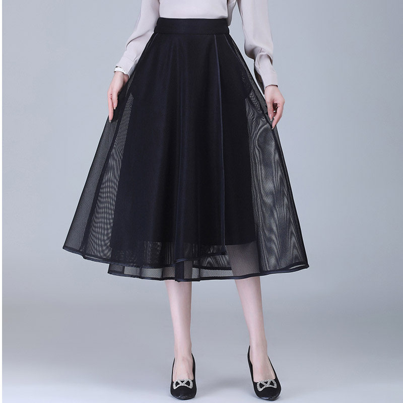 黑色半身裙女春季2025年新款高腰中长款百搭不规则a字网纱裙伞裙
