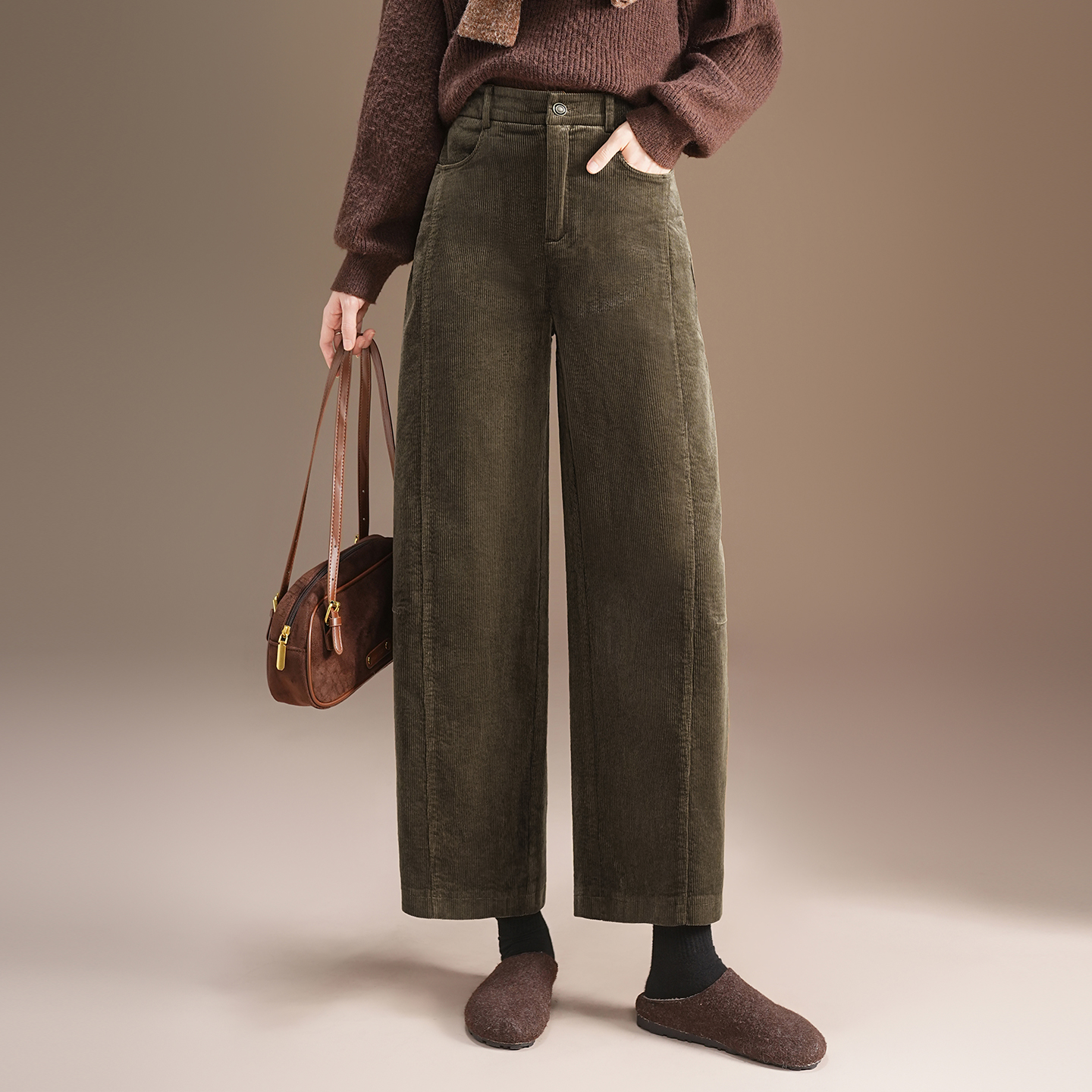 灯芯绒时尚休闲裤阔腿裤女2025秋冬季新款加厚高腰九分哈伦萝卜裤