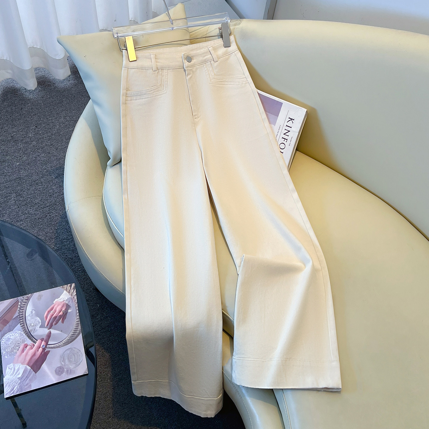 杏色天丝牛仔阔腿裤女2026春季新款高腰九分宽松直筒小个子休闲裤