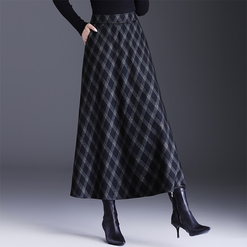 松紧腰毛呢格子半身裙女2025秋冬百搭遮胯高腰显瘦大摆长裙a字裙