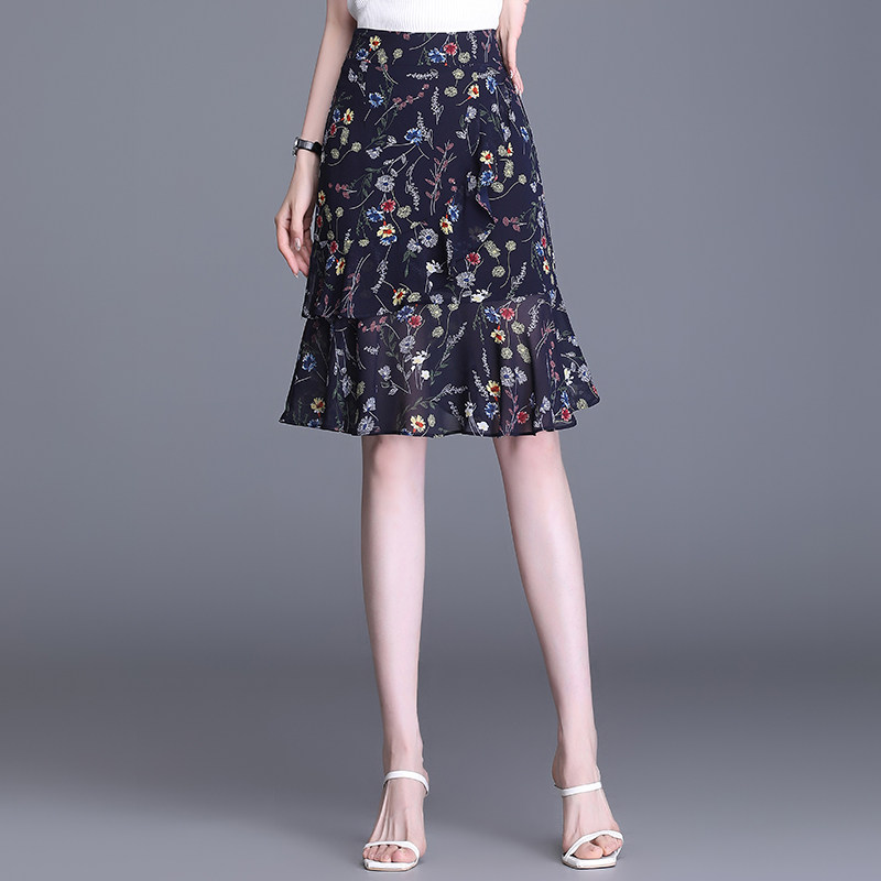 碎花雪纺半身裙女夏季2025新款高腰显瘦a字短裙不规则鱼尾中长裙