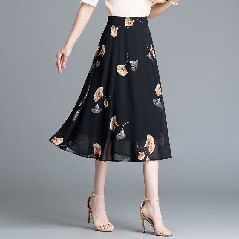 2025夏季半身裙小个子妈妈薄款黑色印花高腰雪纺a字中长款大摆裙