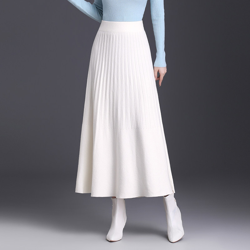 白色针织半身裙长裙女秋冬季新款气质高腰显瘦大码伞裙百搭a字裙