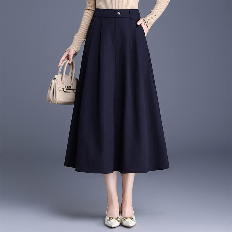 日系蓝色a字半身裙女秋季新款显瘦遮胯气质中长款高腰百褶西装裙