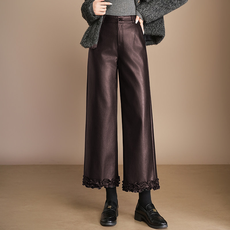 时尚显瘦PU阔腿裤女2025年秋冬季新款皮裤九分裤加厚小个子直筒裤