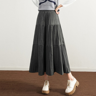 毛呢a字半身裙中长款伞裙百褶裙女秋冬季高腰显瘦大摆文艺风长裙