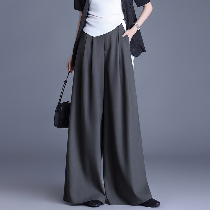 灰色褶皱宽松显瘦大摆阔腿裤女春秋慵懒风拖地直筒裤子裙裤西装裤