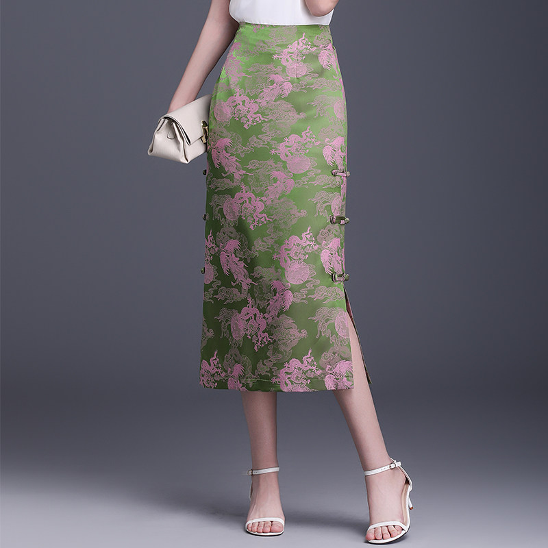 醋酸旗袍半身裙中长款2025春夏季新款轻国风提花直筒裙垂感包臀裙