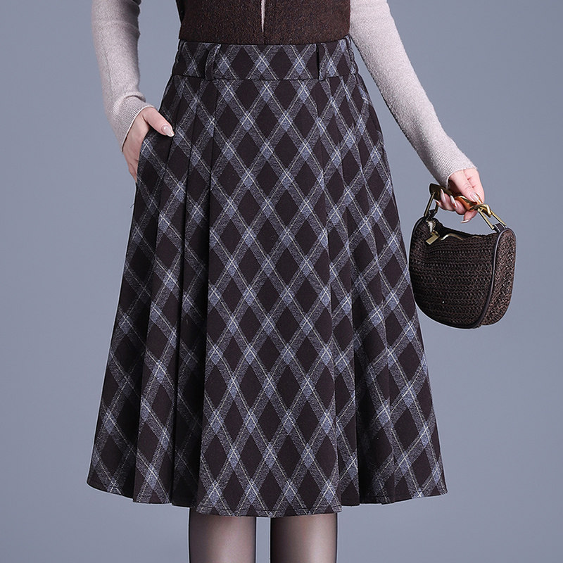 毛呢格子半身裙女秋冬新款高腰显瘦百褶裙复古百搭过膝中裙a字裙