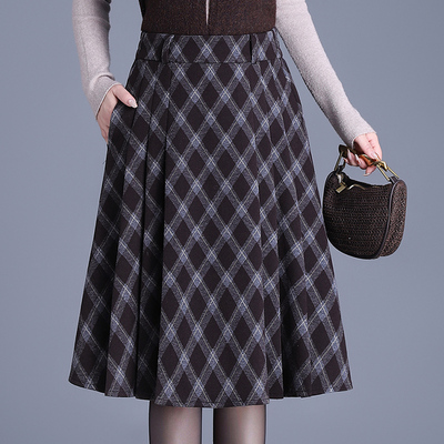 毛呢格子半身裙女秋冬新款高腰显瘦百褶裙复古百搭过膝中裙a字裙