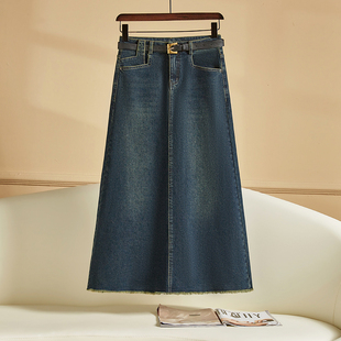 加长牛仔半身裙女2026春季新款复古港风高腰显瘦开叉a字毛边裙子