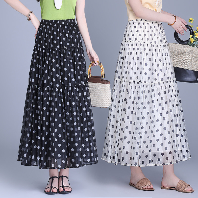 轻盈白色波点半身裙长裙子女2025夏季新款高腰雪纺伞裙A字裙大摆
