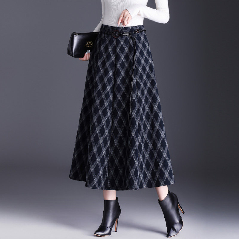 遮胯遮腿粗毛呢半身裙女冬季格子长裙高腰显瘦遮肚子大摆a字裙子