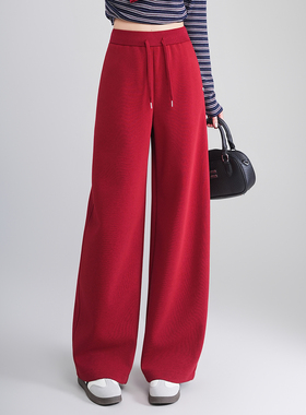 红色休闲运动阔腿裤女2026春季新款高腰窄版显瘦弯刀裤长裤直筒裤