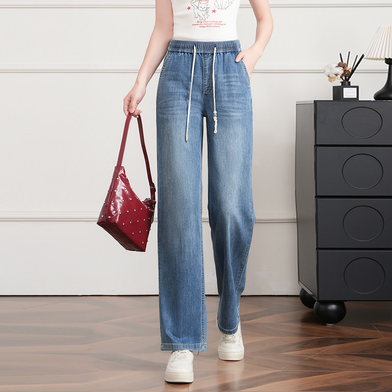 松紧高腰直筒牛仔裤女春夏季薄款宽松小个子百搭显瘦休闲阔腿裤子