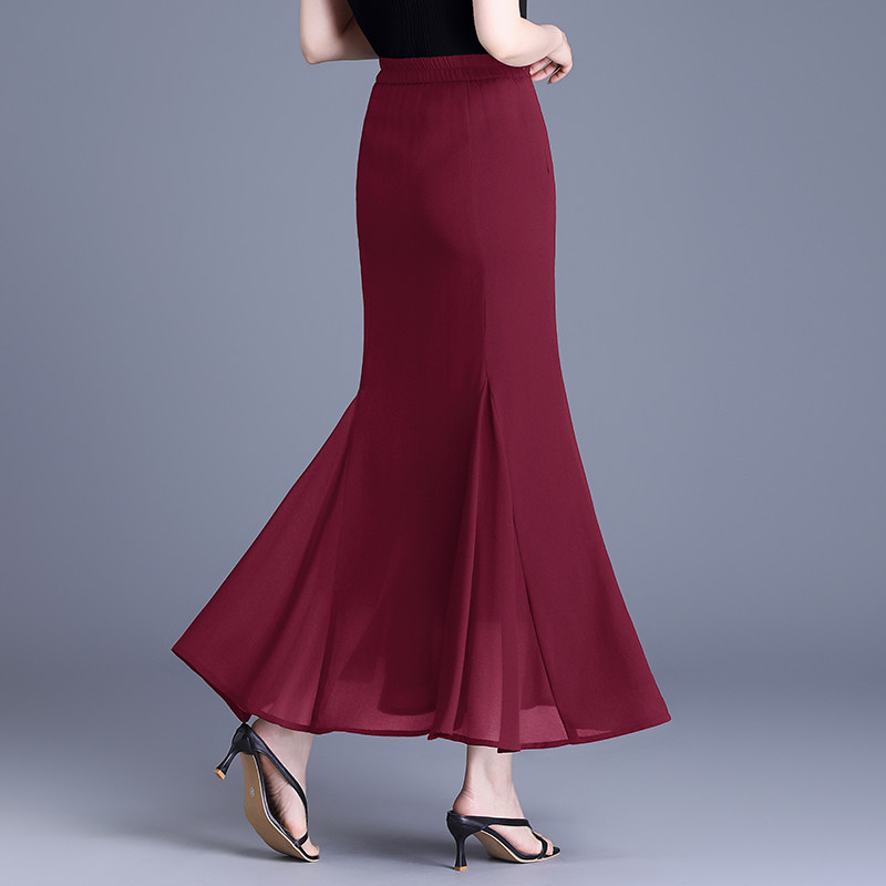 红色雪纺长裙鱼尾裙女2025年春夏新款高腰包臀显瘦气质妈妈半身裙