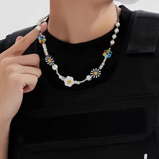 欧美反战笑脸太阳花珍珠雏菊拼接项链男女ins潮嘻哈小众百搭配饰