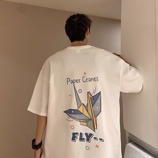 ins潮牌千纸鹤圆领印花短袖t恤男夏季新款chic港风纯棉半截袖体恤